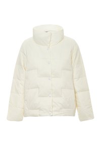 Bunda typu puffer v jemně žluté barvě, s vysokým límcem, stiskacími knoflíky a prošívaným vzorem. Měkká textura a volný střih.