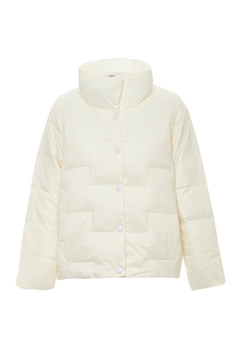 Bunda typu puffer v jemně žluté barvě, s vysokým límcem, stiskacími knoflíky a prošívaným vzorem. Měkká textura a volný střih.