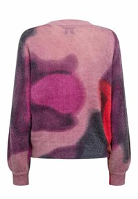 Pull en tricot avec un col rond. Présente des motifs abstraits dans des nuances de rose, violet et rouge. Manches longues et poignets côtelés.