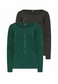 Kaksi pitkähihasta ykköstä: yksi vihreä ribbikuvioinen ja nappilistalla, toinen tummanharmaa samankaltainen muotoilu.