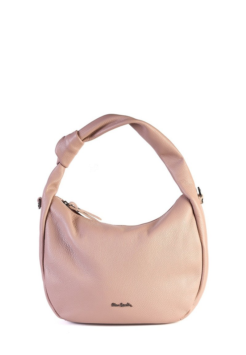 Borsa in pelle rosa chiaro con un'unica maniglia imbottita e un piccolo logo argentato sul davanti, mostrata su uno sfondo bianco.