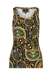 Zwarte mouwloze top met een gouden en groene ornamentenpatroon met edelstenen, ronde halslijn en geribbelde textuur. Maatlabel: S.