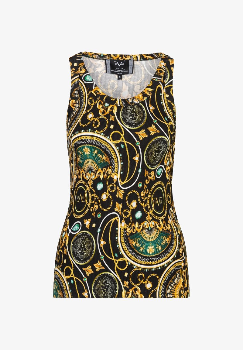 Zwarte mouwloze top met een gouden en groene ornamentenpatroon met edelstenen, ronde halslijn en geribbelde textuur. Maatlabel: S.