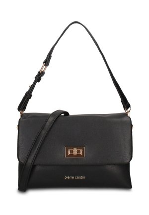 Zwarte leren schoudertas met verstelbare riem, goudkleurig draaisluitcontact en "pierre cardin" logo aan de voorkant.