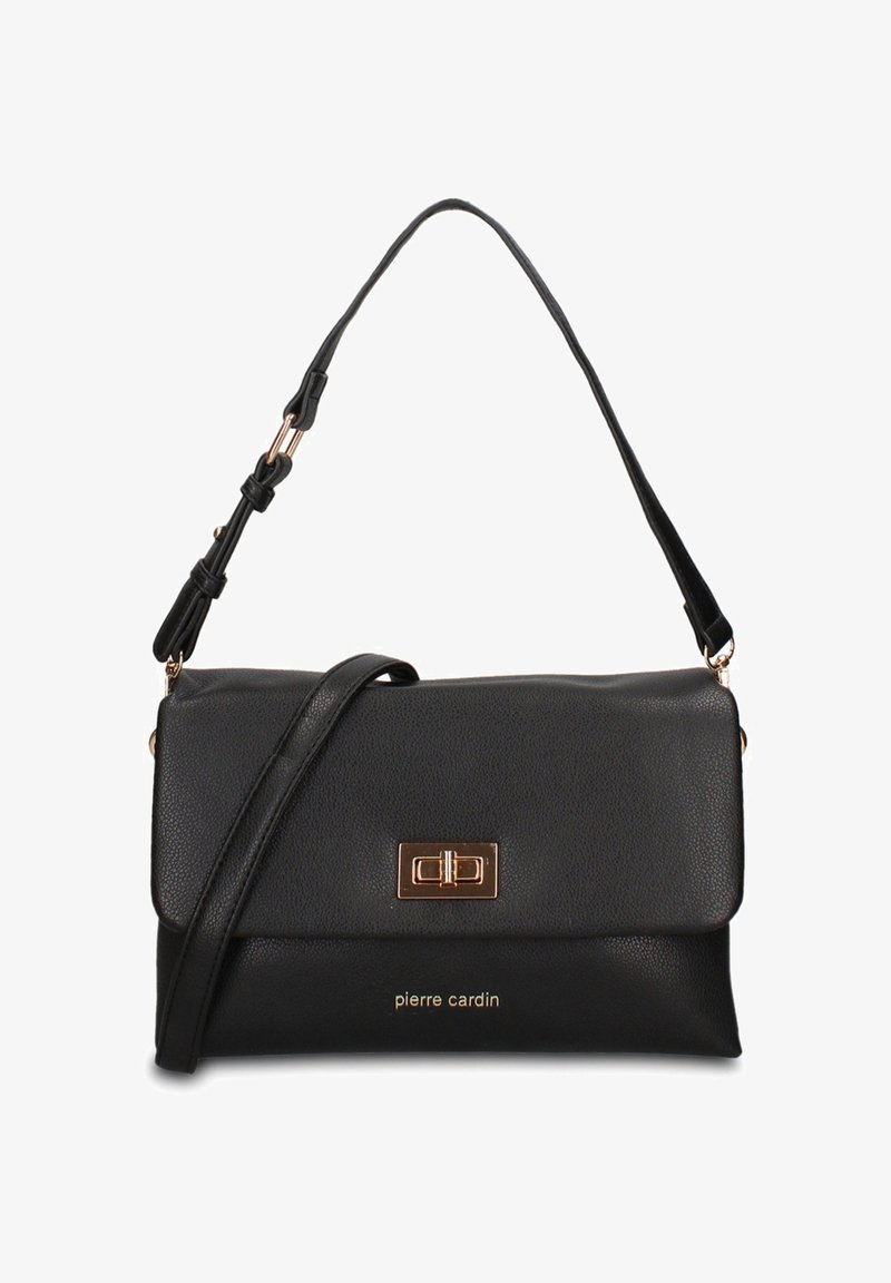 Sac d'épaule en cuir noir avec bandoulière réglable, fermoir à tournant doré et logo "pierre cardin" à l'avant.