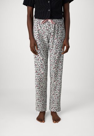 Pantalons de pyjama floraux avec un fond blanc, présentant des feuilles bleues et roses, coupe droite, taille élastique avec un cordon de serrage rose.