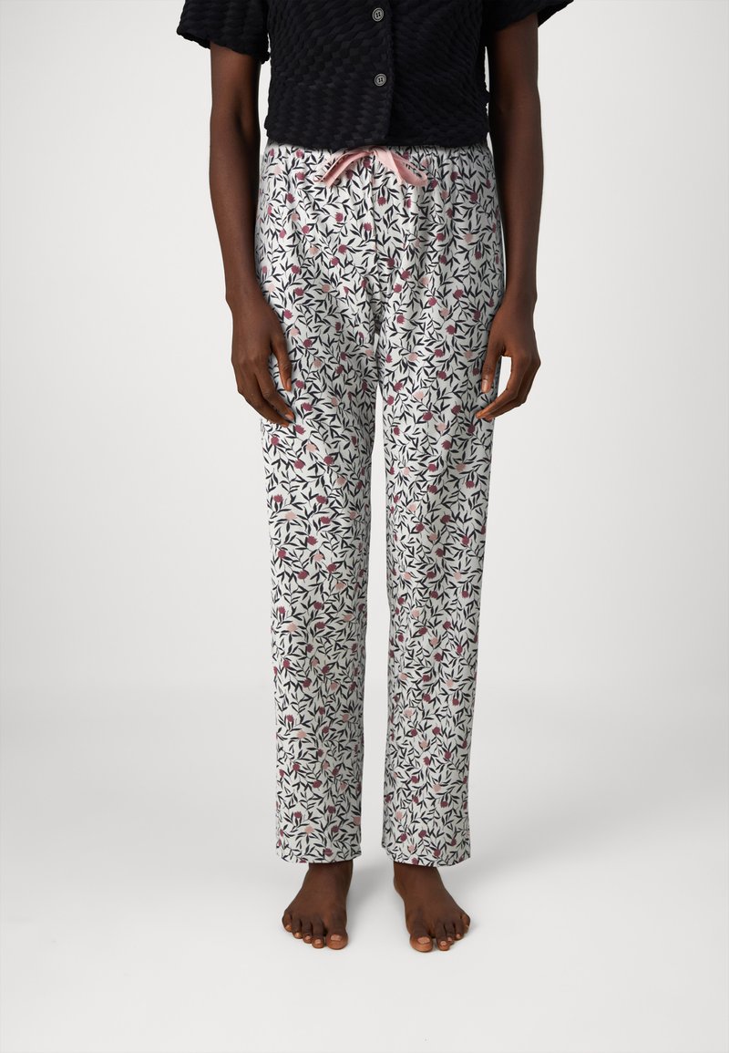Floral pyjamabroek met een witte achtergrond, voorzien van blauwe en roze bladeren, rechte snit, elastische tailleband met een roze koord.