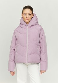 Light purple puffer jacket with a hood, featuring a zip front, chevron quilted pattern, and side pockets. Smooth, shiny fabric texture.