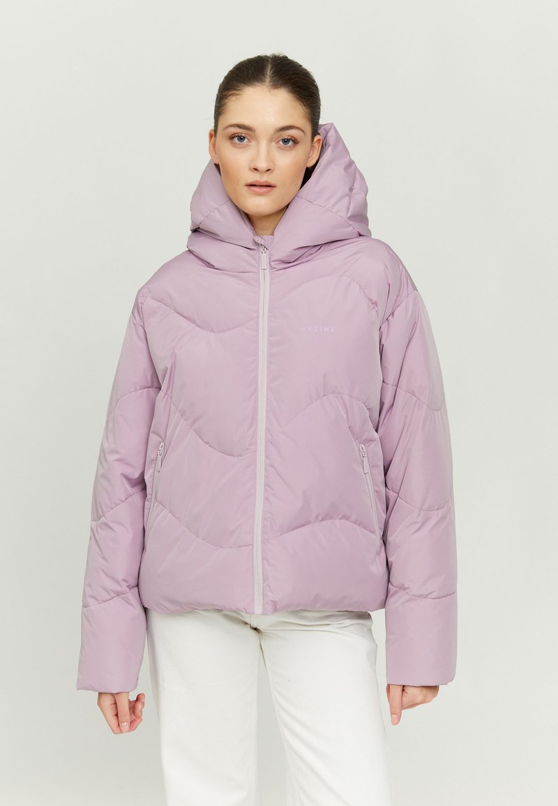 Light purple puffer jacket with a hood, featuring a zip front, chevron quilted pattern, and side pockets. Smooth, shiny fabric texture.