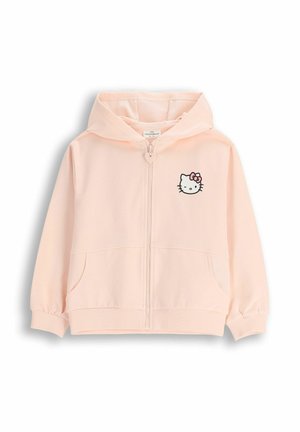 Różowa bluza z kapturem na zamek, wykonana z miękkiego materiału, z przednią kieszenią typu kangur i kapturem. Zawiera nadrukowaną twarz Hello Kitty z kokardką.