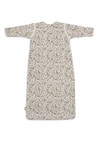 Bloemen slaapzak in crème met roze en groene bloemenpatronen, lange mouwen, ronde halslijn en zachte, lichte stof.