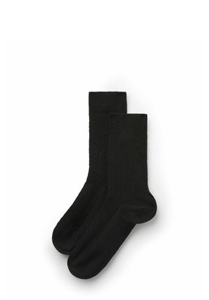 Svarta strumpor med ett strukturerat mönster, tillverkade av ett mjukt tyg. De har en ribbad kant och en slät sula.