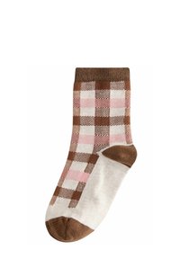 Calzini di cotone a quadri marrone, rosa e bianchi con risvolto e punta solidi marroni. Presentano una texture morbida e un design lungo fino al ginocchio.
