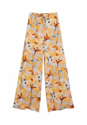 Pantaloni cu croială largă și talie cu cordon, având un model floral vibrant în nuanțe de portocaliu și galben pe un fundal deschis.