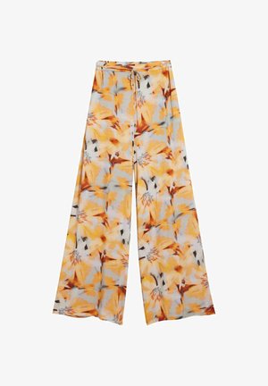 Pantaloni cu croială largă și talie cu cordon, având un model floral vibrant în nuanțe de portocaliu și galben pe un fundal deschis.