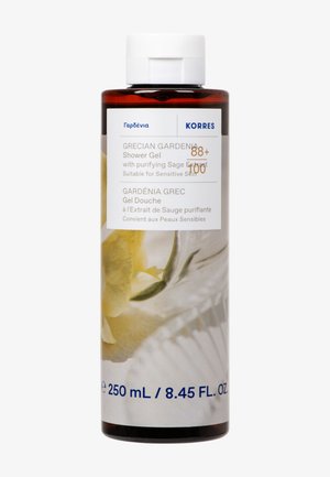 Flacon de gel douche Gardenia grec avec extrait purifiant de sauge, adapté aux peaux sensibles, 250 mL, marque Korres.