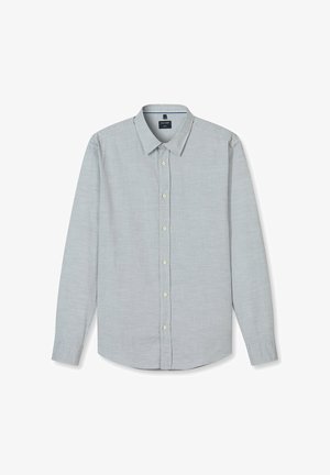 Lichtgrijs overhemd met lange mouwen, knoopsluiting, klassieke kraag, zeven crèmekleurige knopen en een enkele manchet aan elke mouw, plat uitgestald.