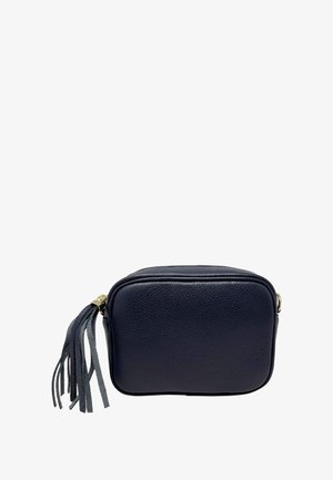 Navy blue leather crossbody bag with a textured surface, rectangular shape, and gold-tone hardware, featuring a tassel accent.
