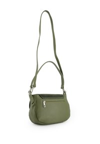 Green leather handbag with a textured finish, featuring a zipper pocket on the front and a long adjustable strap. Rounded shape.