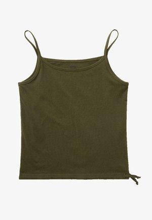 Olivgrünes Top aus weichem Stoff, mit verstellbaren Trägern, einem runden Ausschnitt und einem Kordelzug am Saum zur Anpassung der Passform.
