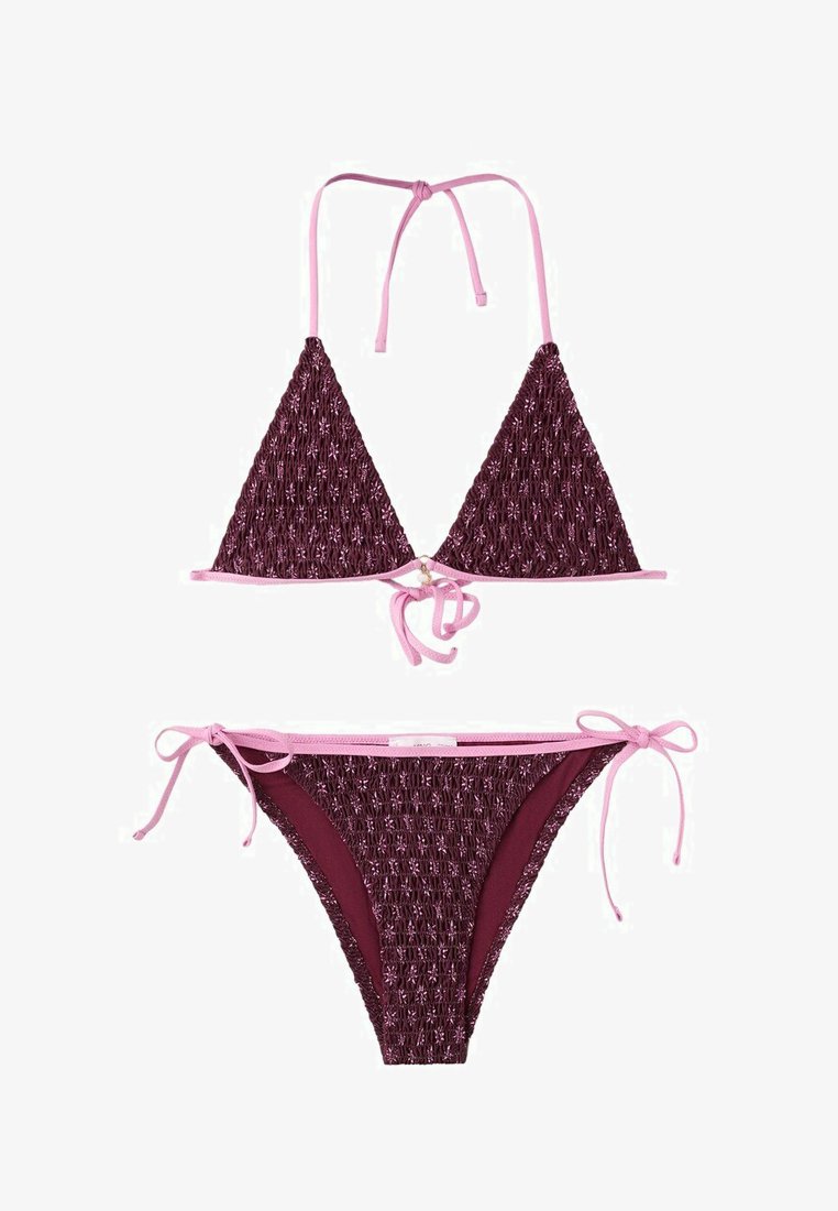 Lila gemustertes Bikini mit pinken Rändern, bestehend aus einem Dreieck-Halfter-Oberteil mit Schnüren und passenden Seitenschnür-Bikinislips.