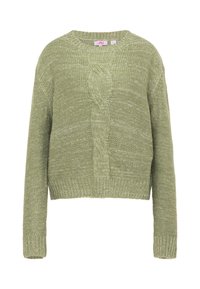Grüner gestrickter Pullover mit rundem Ausschnitt, verkürztem Design und strukturiertem Zopfmuster in der Mitte. Gerippte Bündchen und Säume.