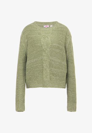 Green knitted sweater with a round neckline, cropped design, and textured cable pattern down the center. Ribbed cuffs and hem.