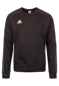 Felpa nera con maniche lunghe, logo Adidas bianco sul petto e strisce laterali bianche in contrasto. Polsini e orlo a coste per una vestibilità aderente.