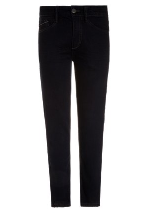 Czarne rurki z kieszeniami z przodu i z tyłu, zapięciem na guziki i widocznymi szwami na szwach, prezentowane na białym tle.