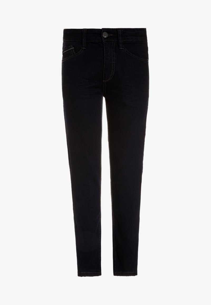 Jean slim noir avec poches avant et arrière, fermeture à bouton et coutures visibles le long des coutures, présenté sur un fond blanc.