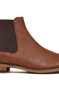 Brown leather ankle boot with elastic side panel, rounded toe, and a low wooden heel. Smooth texture with stitching accents.