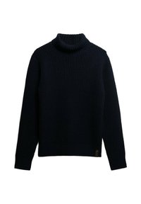 Ciemnoniebieski sweter z golfem, wykonany na splotach, z długimi rękawami, ściągaczami w mankietach oraz u dołu. Posiada małą metkę z logo.