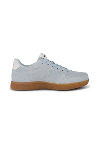 Light blue suede sneaker with a rubber gum sole, featuring perforations on the side, and light blue laces. Accented with a white heel tab.