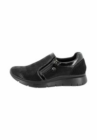 Scarpe slip-on nere con tessuto testurizzato e accenti lisci, dotate di una cerniera laterale, punta arrotondata e suola ammortizzata.