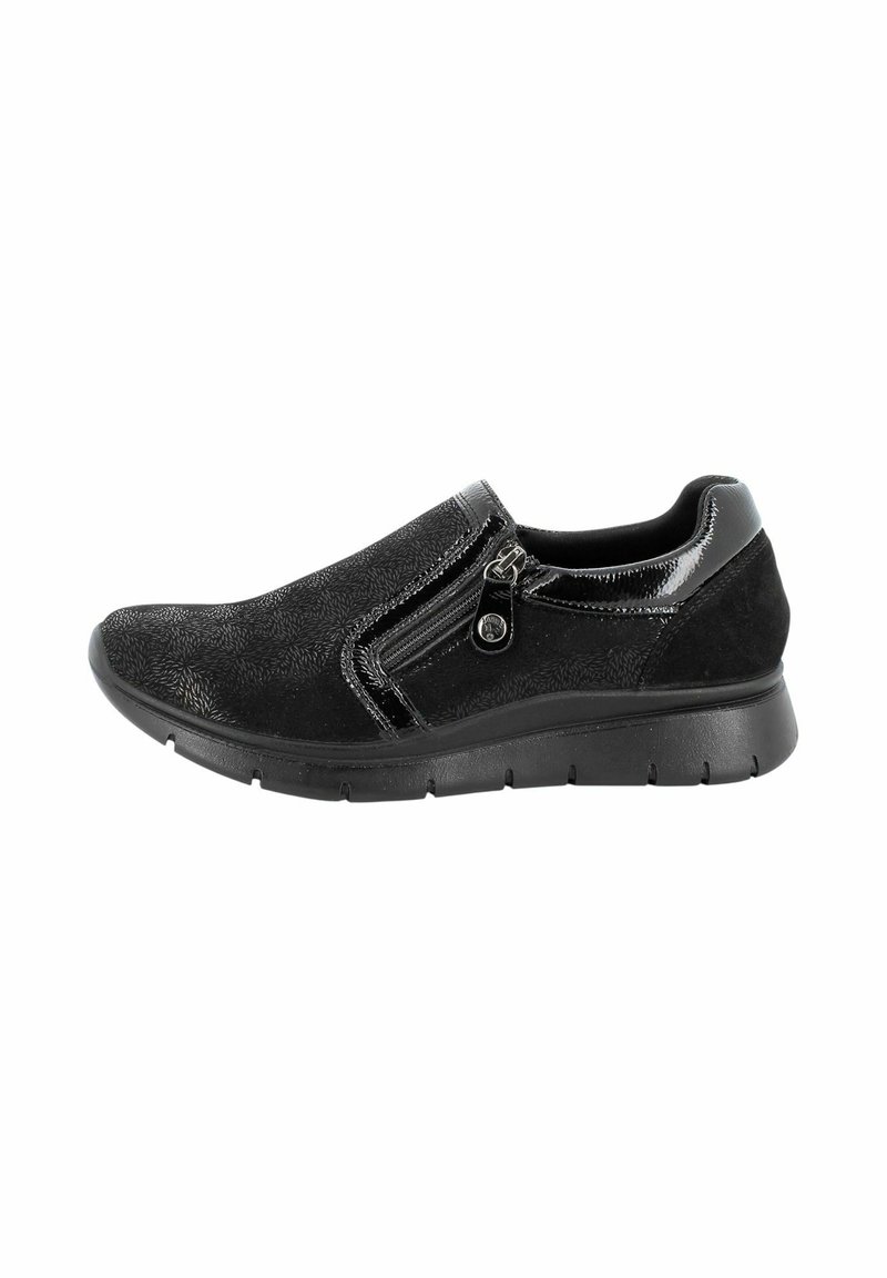 Scarpe slip-on nere con tessuto testurizzato e accenti lisci, dotate di una cerniera laterale, punta arrotondata e suola ammortizzata.