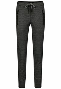 Pantalons de jogging en maille noire avec un motif texturé, ceinture à cordon de serrage ajustable et poches latérales zippées. Conception fuselée au niveau des chevilles.