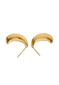 Złote kolczyki w kształcie półksiężyca o polerowanym wykończeniu. Posiadają zapięcie na sztyft i gładkie, zaokrąglone krawędzie. Minimalistyczny design.