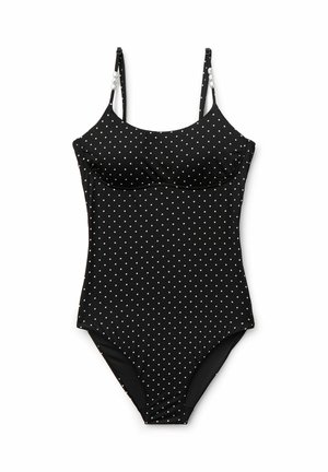 Schwarzer Badeanzug mit weißen Tupfen, verstellbaren Schulterriemen und dekorativen weißen Perlen an den Trägern.