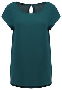 Teal värinen lyhythihainen paita, joka on valmistettu kevyestä kankaasta. Paidan mukana tulee pyöreä pääntie ja selässä oleva aukko, joka on varustettu sivurei'illä.