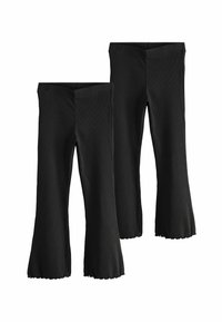 Zwarte uitlopende legging van ribstof, met een soepele tailleband en een golvende zoom, ontworpen voor comfort en stijl.