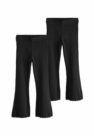 Schwarze, ausgestellte Leggings aus geripptem Stoff, mit einem glatten Bund und gewelltem Saum, entwickelt für Komfort und Stil.