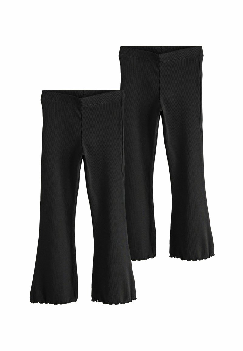 Zwarte uitlopende legging van ribstof, met een soepele tailleband en een golvende zoom, ontworpen voor comfort en stijl.