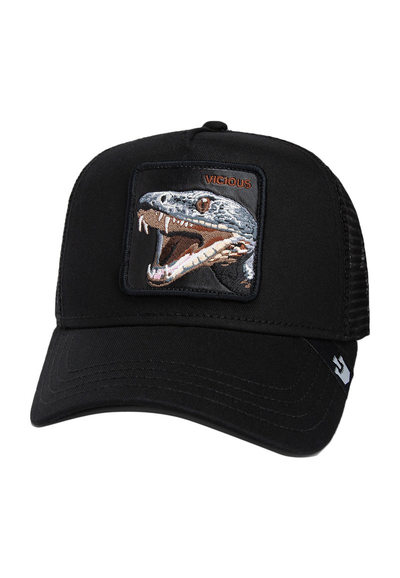 Gorra negra con visera plana y parte trasera de malla. Presenta un parche bordado de un lagarto feroz con el texto "VICIOSO" por encima.