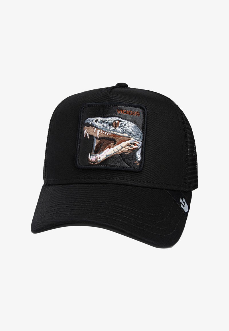 Gorra negra con visera plana y parte trasera de malla. Presenta un parche bordado de un lagarto feroz con el texto "VICIOSO" por encima.