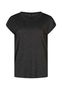 Zwarte T-shirt met korte mouwen, ronde hals en subtiele gestreepte textuur. Lichtgewicht stof zorgt voor een relaxte pasvorm.