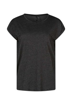 T-shirt noir à manches courtes avec un col rond et une texture rayée subtile. Le tissu léger offre une coupe décontractée.