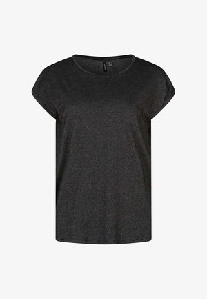 Black short-sleeve T-shirt with a rounded neckline and subtle striped texture. Lightweight fabric provides a relaxed fit.