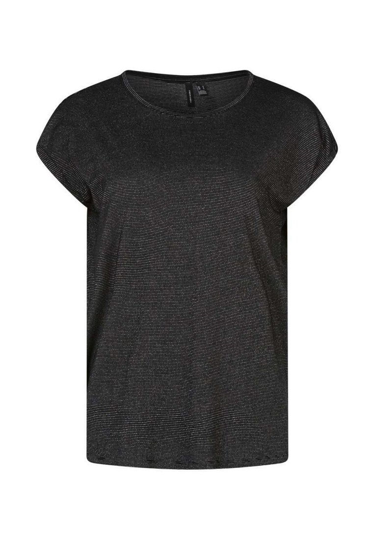 Zwarte T-shirt met korte mouwen, ronde hals en subtiele gestreepte textuur. Lichtgewicht stof zorgt voor een relaxte pasvorm.
