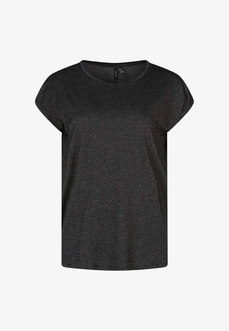 Sort kortærmet T-shirt med rund halsudskæring og subtil stribefyld. Letvægtsstof sikrer en afslappet pasform.