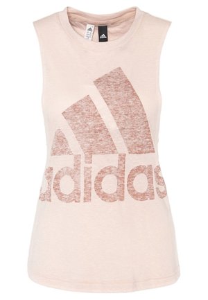 Bezrękawnik w jasnoróżowym kolorze Adidas z dużym wyblakłym logo róży i tekstem z przodu.